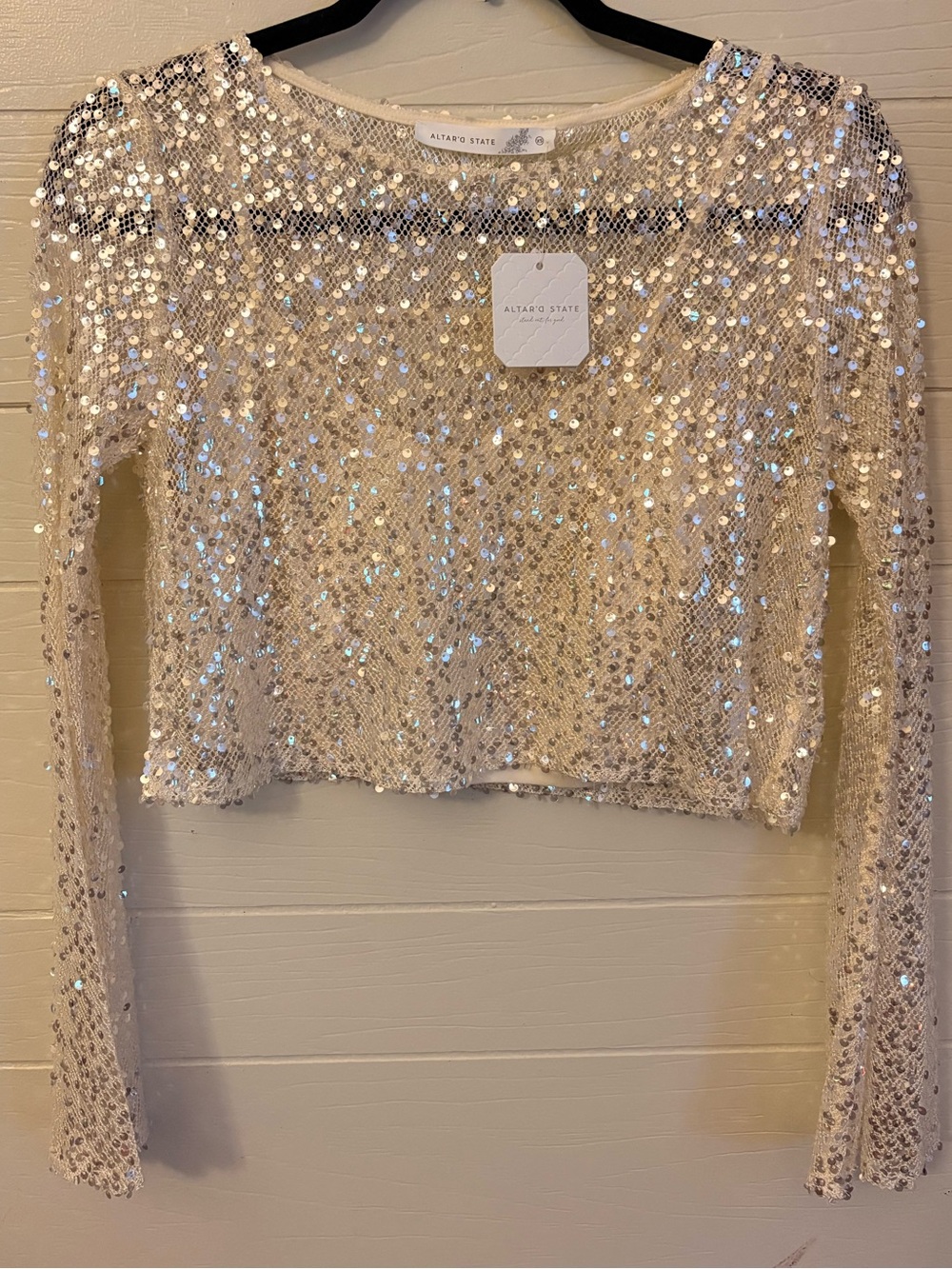 Altar'd State Champagne Sequin Long-Sleeve Crop Top
